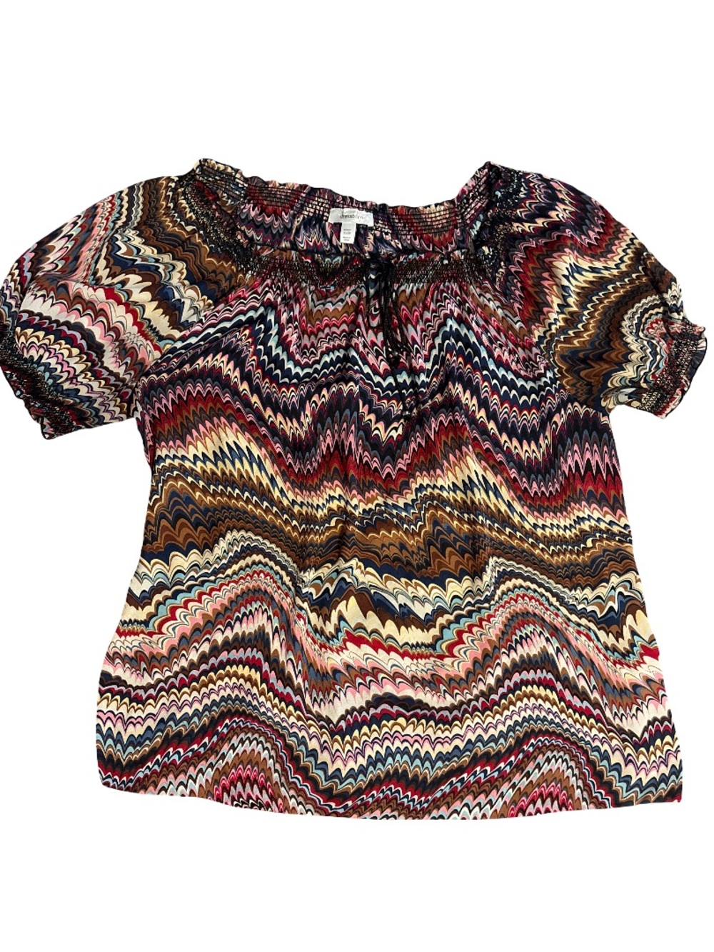 dressbarn Multicolor Wave-Print Peasant Top - Pink, Brown, Navy & Cream